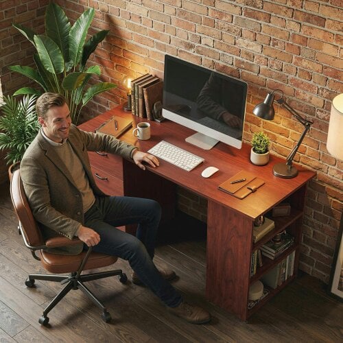 Wyld Haus Mimi 120cm Wooden Walnut Brown Home Office Desk With 3 Shelves And Drawer Storage