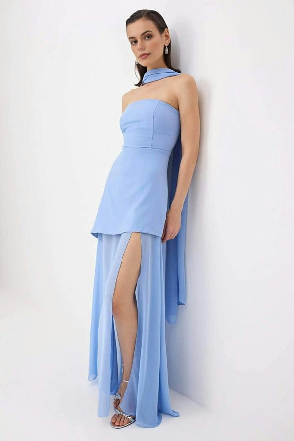 WOVCOR Woven Maxi Evening Dress with Shawl Detail - Blue