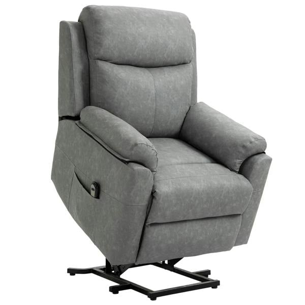Grey electric riser recliner chair with padded arms and upholstered backrest