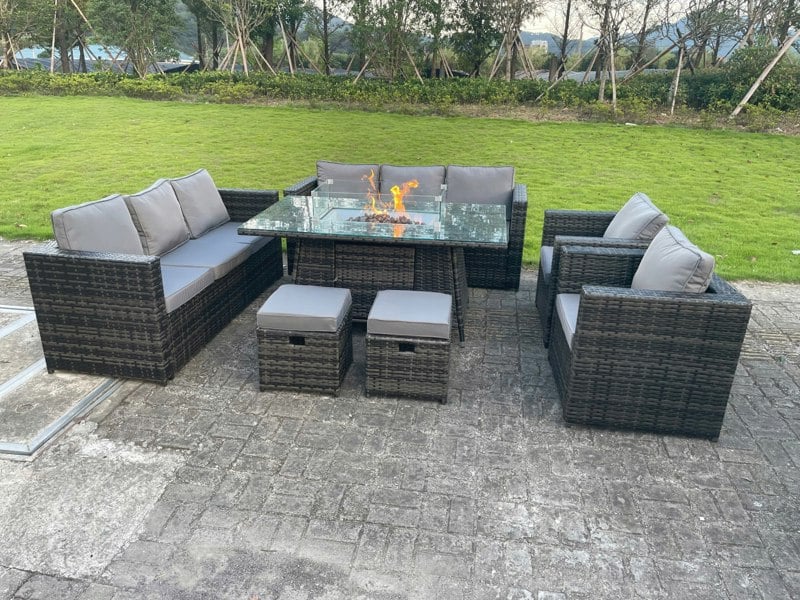 Fimous Outdoor Rattan Garden Furniture Gas Fire Pit Dining Table Sets Gas Heater Lounge Chairs Small Footstools Dark Mixed Grey 10 Seater