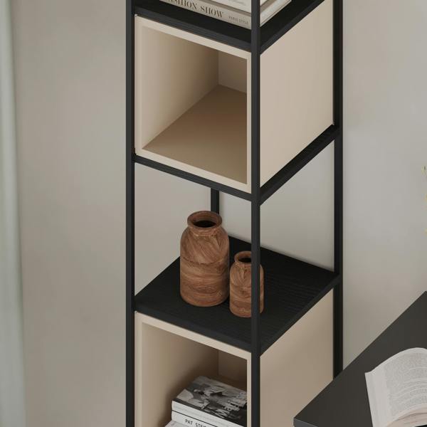 Decortie Modern Vale Mini Bookcase Versatile Display Unit 5-Tier Metal Frame 2 Adjustable Shelf 18mm (Black Wood)