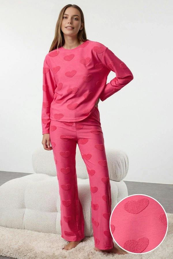WOVCOR 2-Piece Heart Patch Knit Pajama Set
