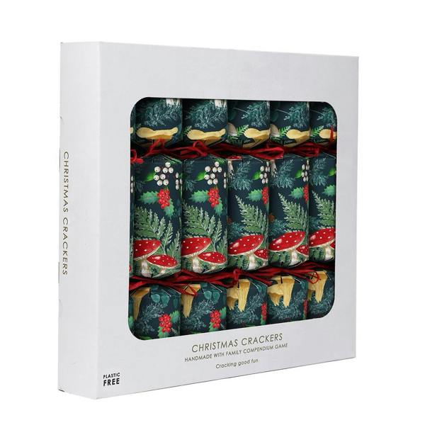 A perspective shot of the Woodland Forest Christmas crackers in a sustainable white gift box.