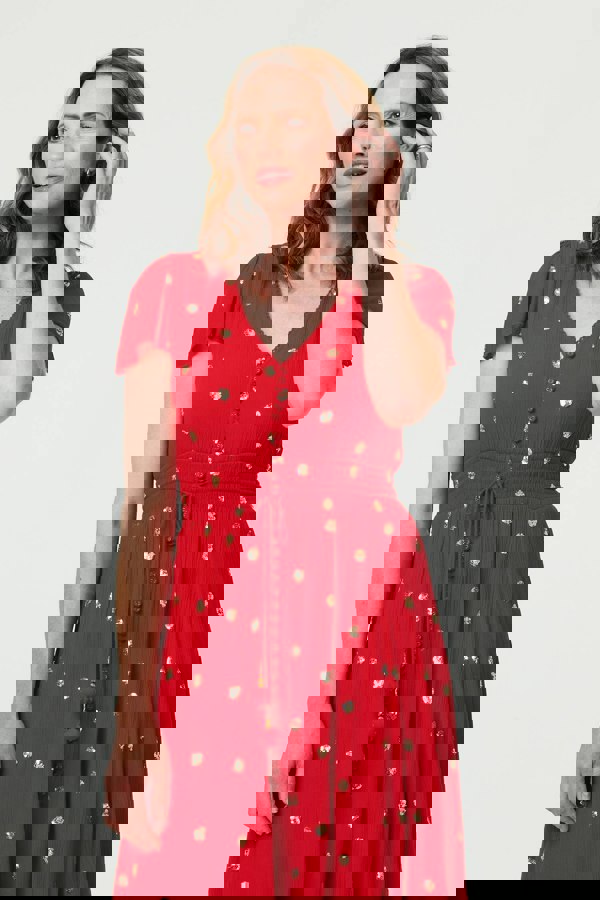 Red | Sparkly Cap Sleeve Tassel Tie Maxi Dress
