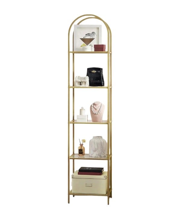Modcraft 5-Tier Tempered Glass Shelf Unit, Arched Display Rack, Metallic Gold Frame 183.5 cm