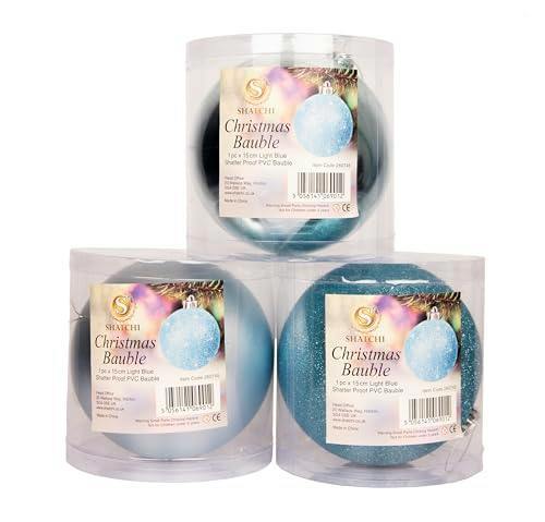 Shatchi 15cm Christmas Baubles Shatterproof Light Blue Set of 3 Tree Decorations