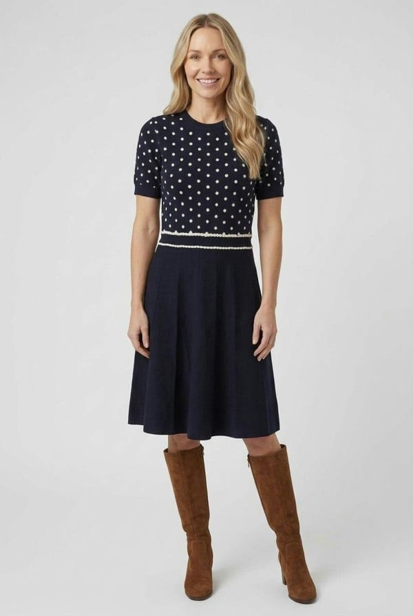 Izabel London Polka Dot Print Knit Midi Skater Dress
