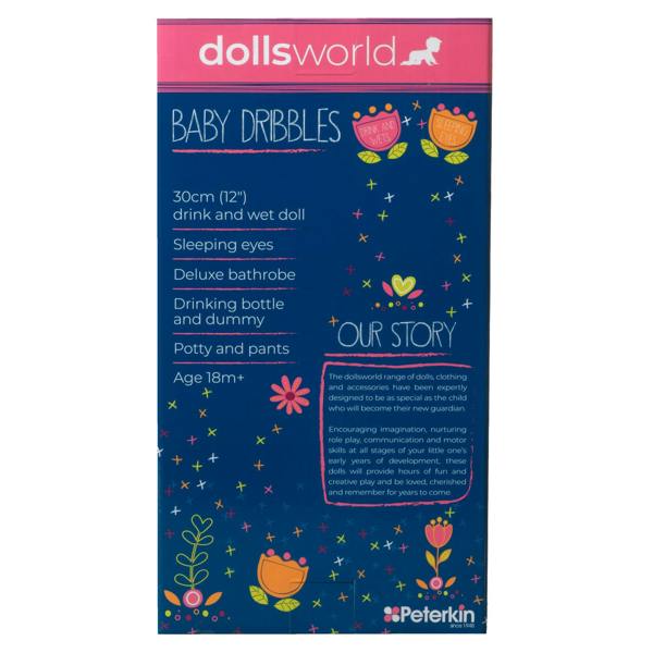 Dolls World Baby Dribbles 30cm Drink and Wet doll  - For ages 18 months+
