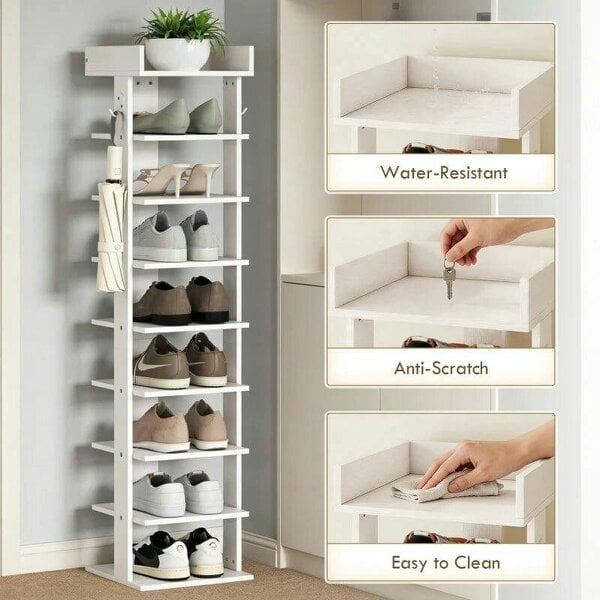 Bobobiy Shoe Rack 9-Tier Shoe Storage Organiser Top Tray Guardrail 2 Hooks 30 x 30 x 128.4 cm White