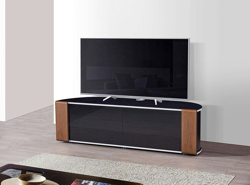 MDA Designs Sirius 1600 TV Cabinet Gloss Black Stand with BEAMTHRU Remote-Friendly Glass Door, Walnut/Oak Trims for TVs up to 70” TV