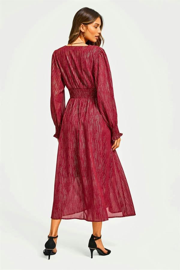 FS Collection Gold Stripe Foil Long Sleeve Maxi Dress In Wine
