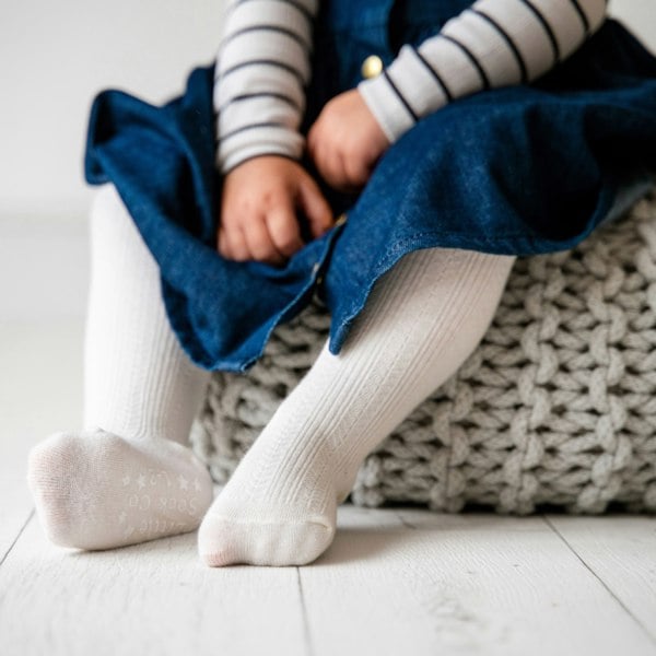 Little Sock Co. Non-Slip Super Soft Cable Knit Tights in Cream - age 6 months-3 years