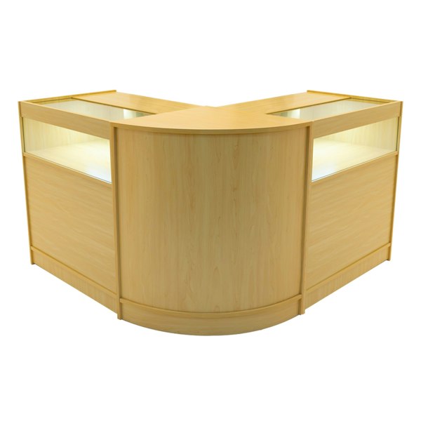 Maple Iris LED shop counter set with two B900 display cases, featuring a sleek, modern design and illuminated glass tops