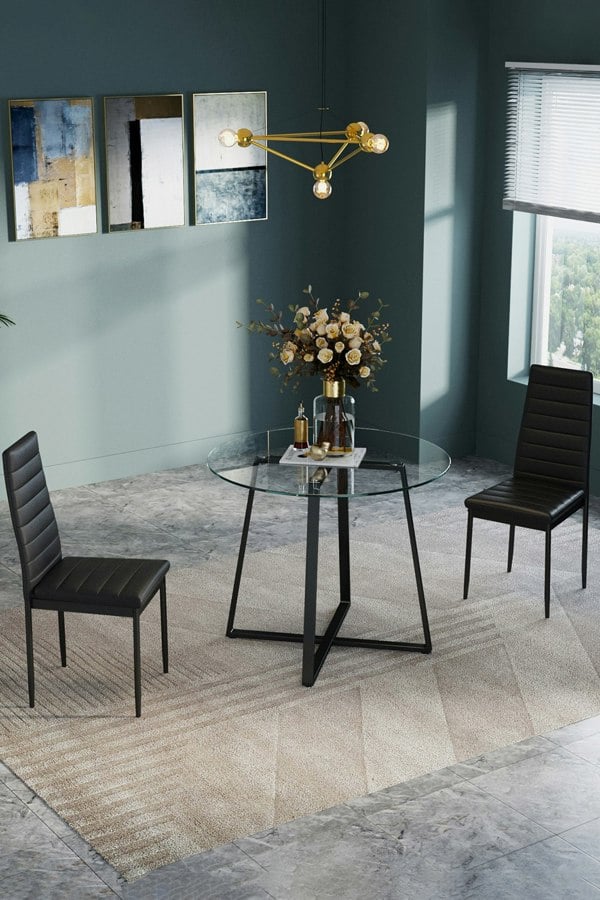 Living and Home 3pcs Set of Round Dining Table & 2 High Back Leather Dining Chairs Tempered Glass Table Set