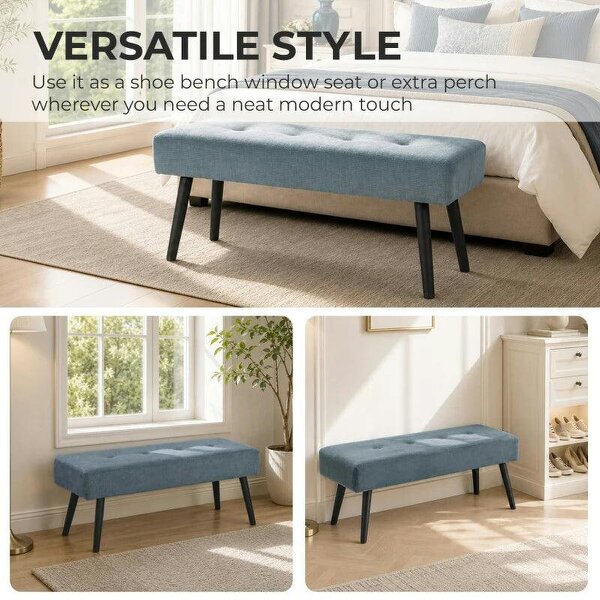 Upholstered Bedroom Entryway Bench, Modern Corduroy Tufted End of Bed Bench with Padded Seat and Steel Legs, Blue