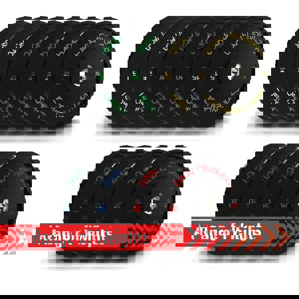 Body Revolution Olympic Black Bumper Plate 100kg Bundle featuring various weights, sleek black rubber finish, and vibrant color accents