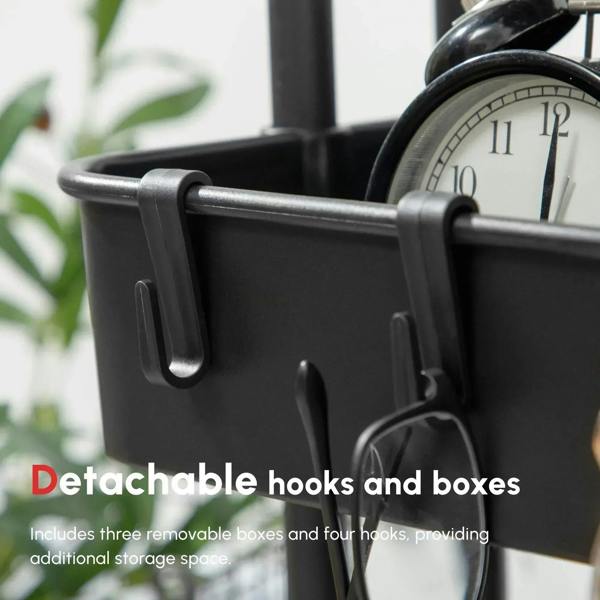 Black detachable hook and box set attached to the side of a three-tier storage trolley