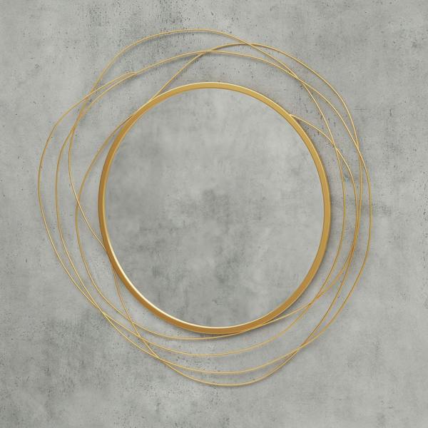 Gold tone abstract metal wire round wall mirror with circular loop frame