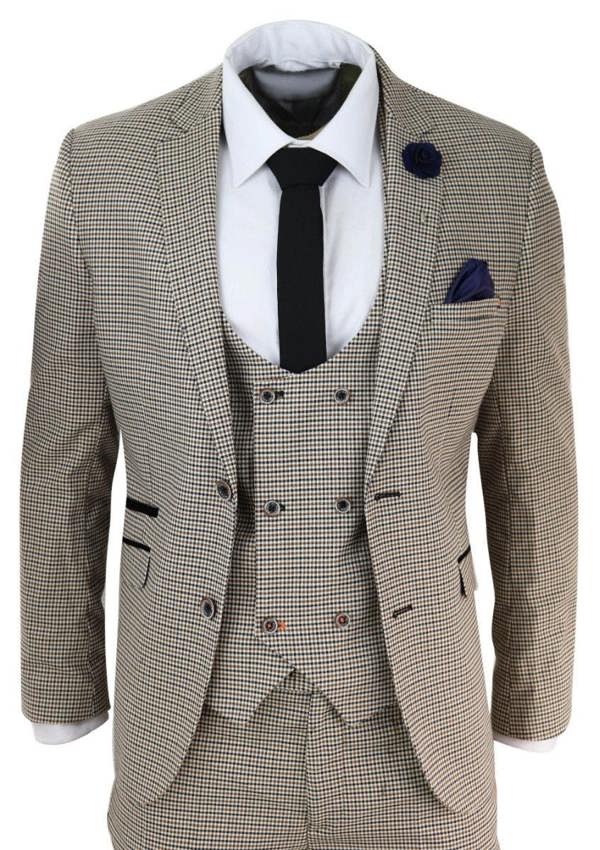 House of Cavani Mens 3 Piece Beige Check Retro Vintage Classic Suit