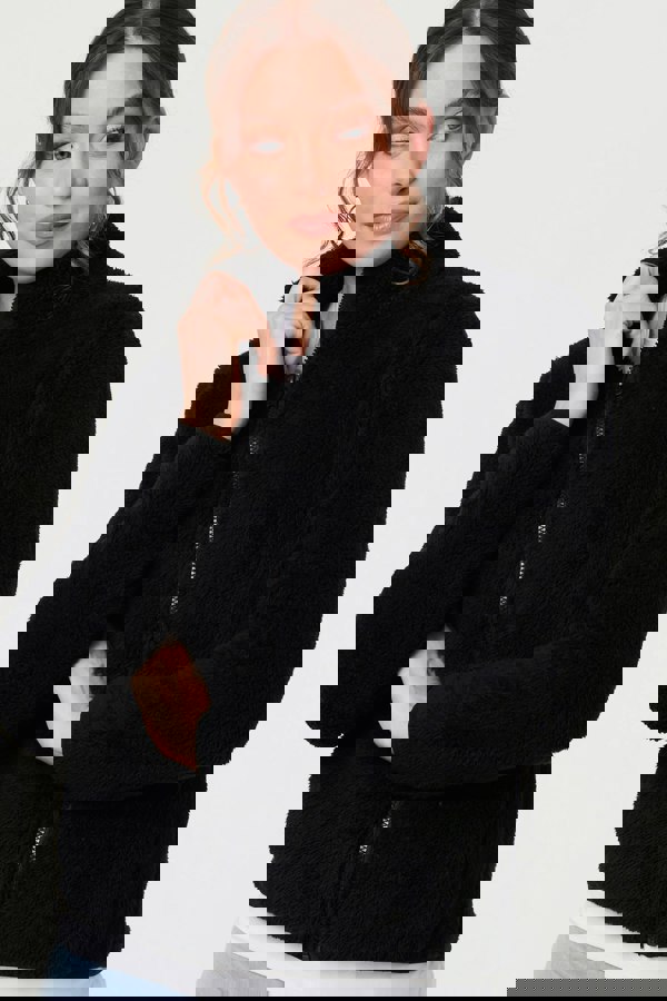 Black | Soft Texture Zip Front High Neck Fleece
