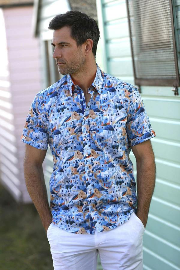 ESCAPE TO SANTORINI PRINTED SHORT SLEEVE SHIRT – Premium Men's Patterned Shirt by Claudio Lugli | Bold Design, Tailored Fit, Best Printed Shirts