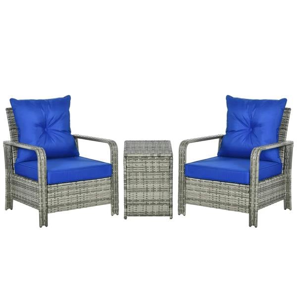 Rattan bistro set with two blue-cushioned chairs and wicker storage side table