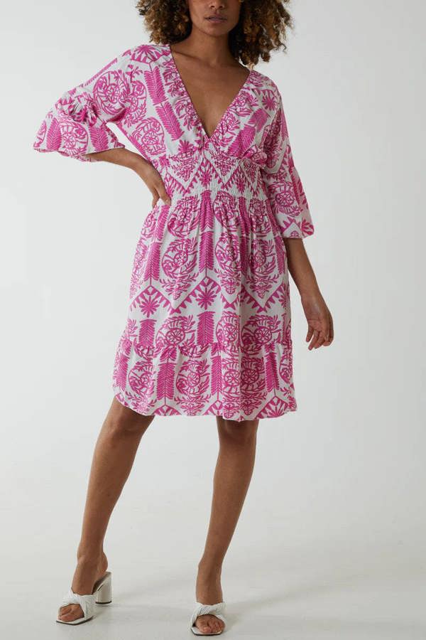 Hoxton Gal Oversized 3/4 Sleeves V Neck Detailed Floral Printed Mini Dress in Pink