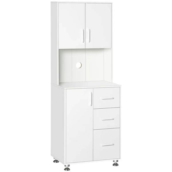 White kitchen storage cabinet with upper doors, open shelf, and three lower drawers