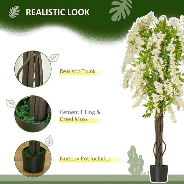White artificial wisteria tree with dense hanging flower clusters in a black pot