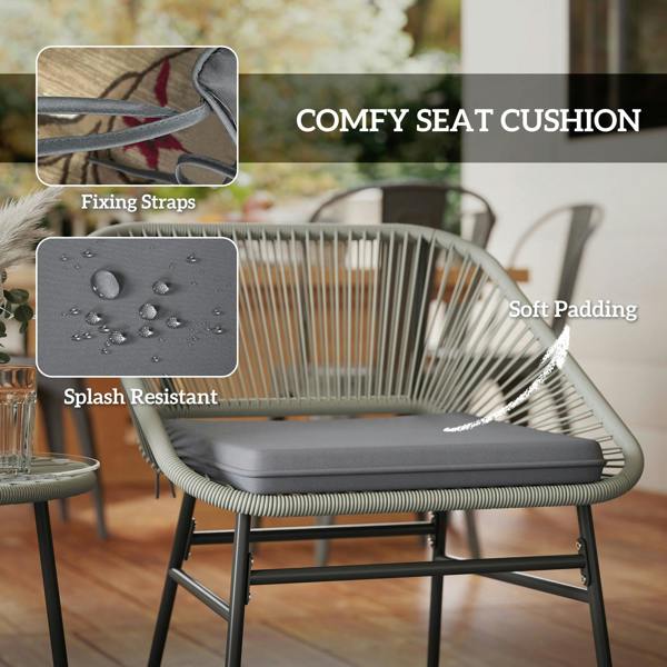 Wyld Haus Sorino Rattan Rope Light Grey 3 Piece Outdoor Garden Bistro Furniture Set Glass Coffee Table