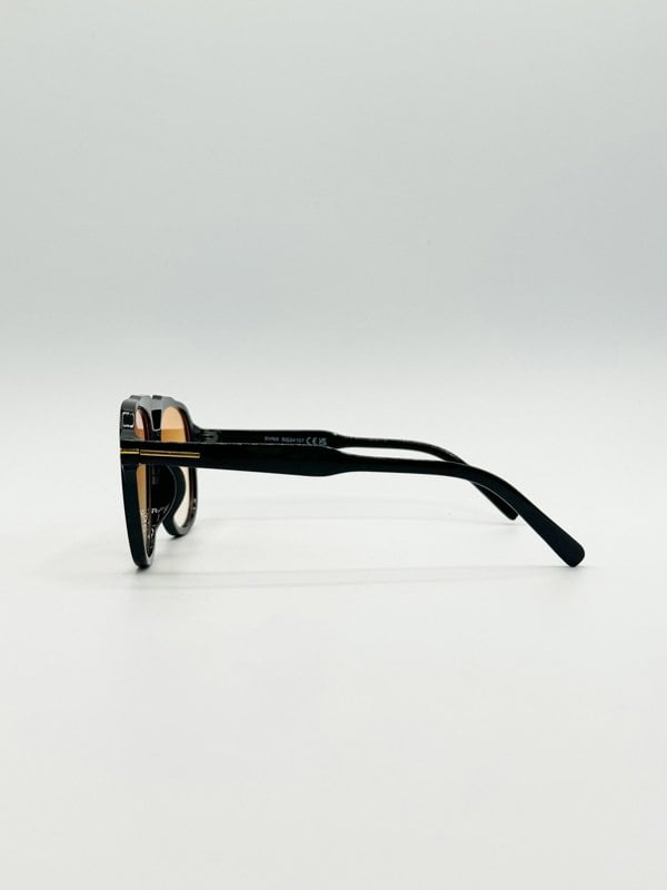 SVNX Oversized Navigator Sunglasses in Black with Orange Lenses