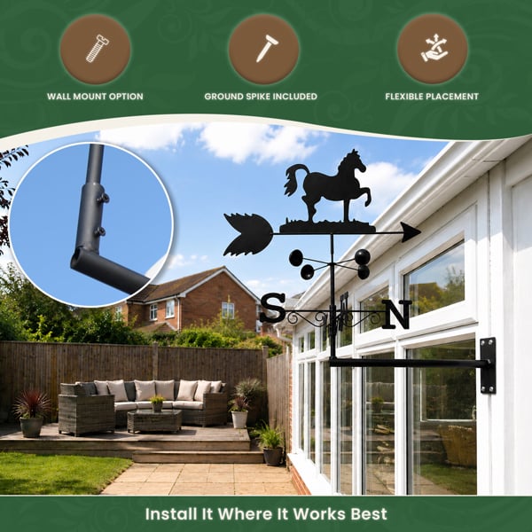 Horse Steel Weathervane, Black Painted All-Steel Weather Vane With Wall Fixings and 1.7m Ground Spike, Wind Speed Cups