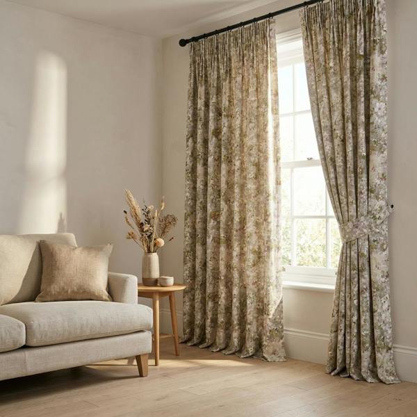 Giverny made-to-measure curtains in Springtime, styled in a living room