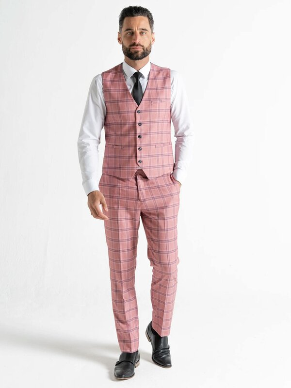 V2 Classic Kensignton Three Piece Suit - Rose with White and Navy Blue Checks
