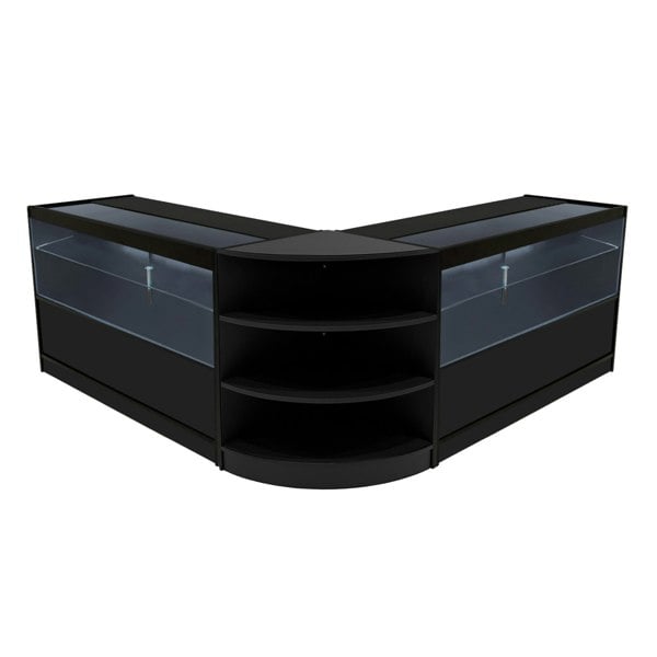 Black Andromeda LED shop counter set featuring a sleek design with glass display sections and curved shelves for optimal visibility