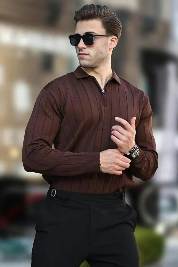 WOVCOR Polo Collar Zippered Knit Men's Sweater