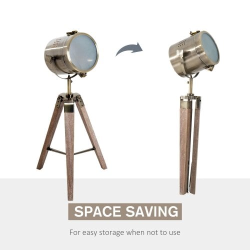 Wyld Haus Vidira Wood And Metal Brass Vintage Tripod Table Lamp With Spotlight Head