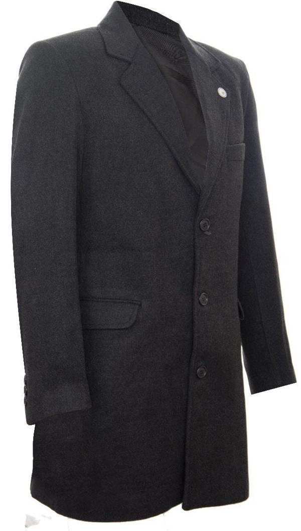 TruClothing Men's Long Charcoal Wool Slim Fit Overcoat
