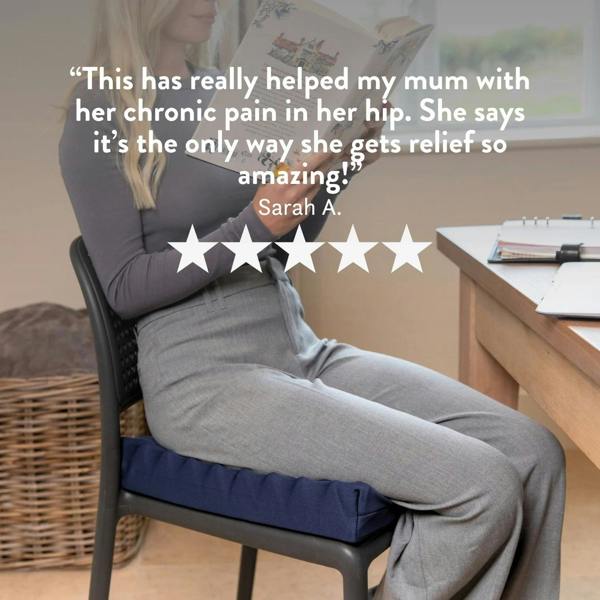 Tailbone Pain Cushion with a cut out for pressure relief at the back of the cushion. Stretch navy blue or black cover available in different sizes. High density foam with a 2 year guarantee.