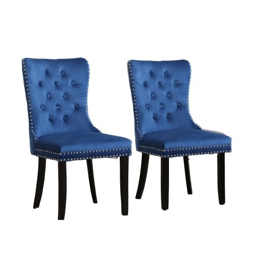Neo Set Of Two Midnight Blue Studded Velvet Dining Chairs with Ring Knocker Detail