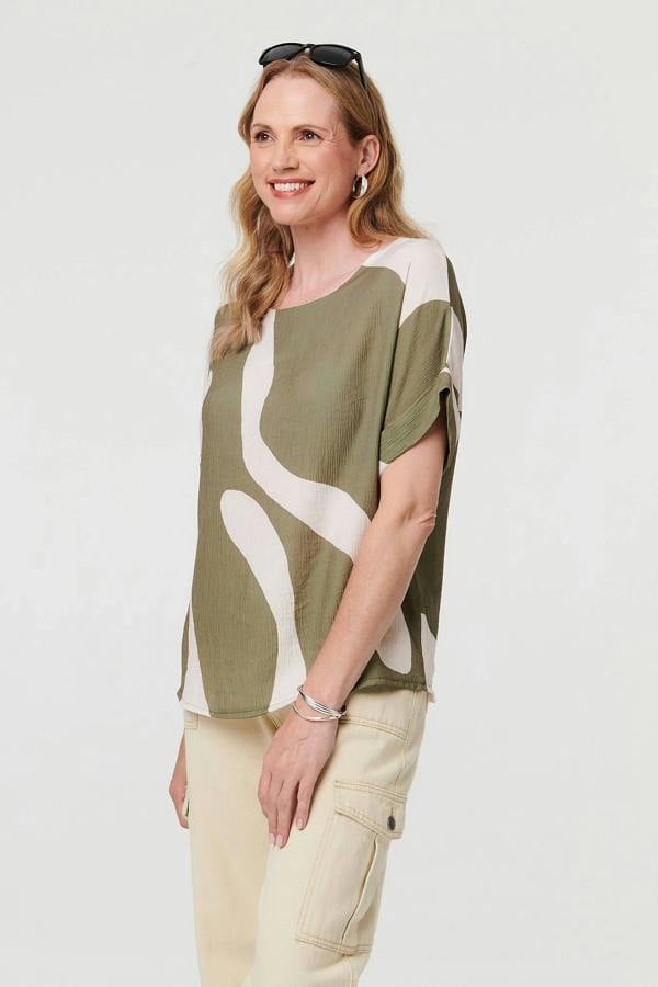 Khaki | Abstract Short Sleeve Relaxed Blouse