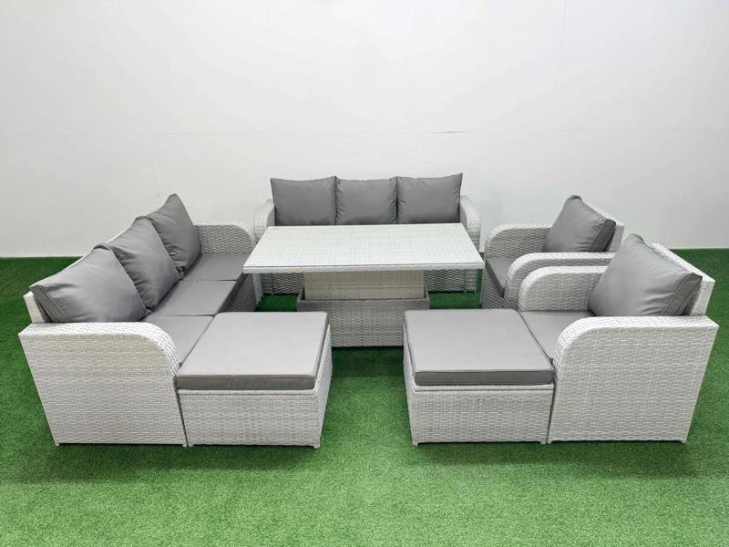 Fimous PE Rattan Garden Furniture High Back Lounge Sofa Patio Set, Adj Height Table, 3 Seater Sofa, Reclining Chair, 2 Big Footstool, Light Grey