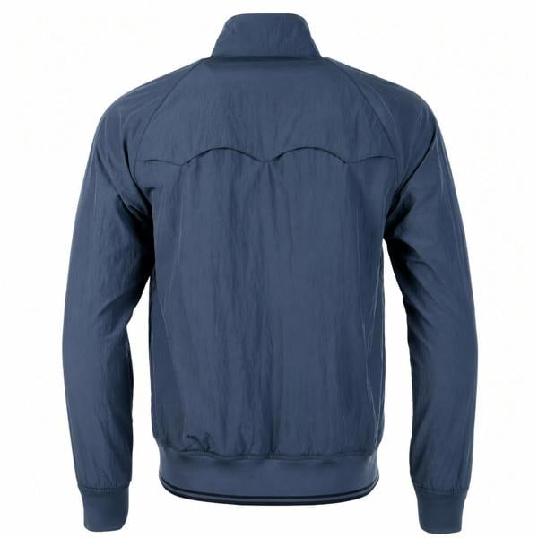 Back view of a dark airforce blue Fred Perry crinkle Harrington jacket with a stand collar and ribbed hem.