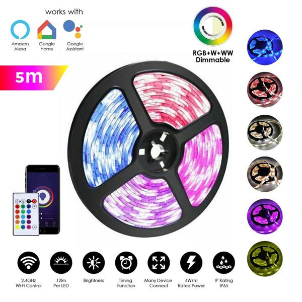 ENER-J 5 Meters Smart Wi-Fi RGB Colour Changing LED Strip Kit, Dimmable, IP20, for Bedroom Ceiling Party Decoration with Remote and Plug