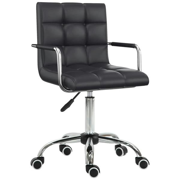Black mid-back office chair with cushioned seat, armrests, and rolling casters