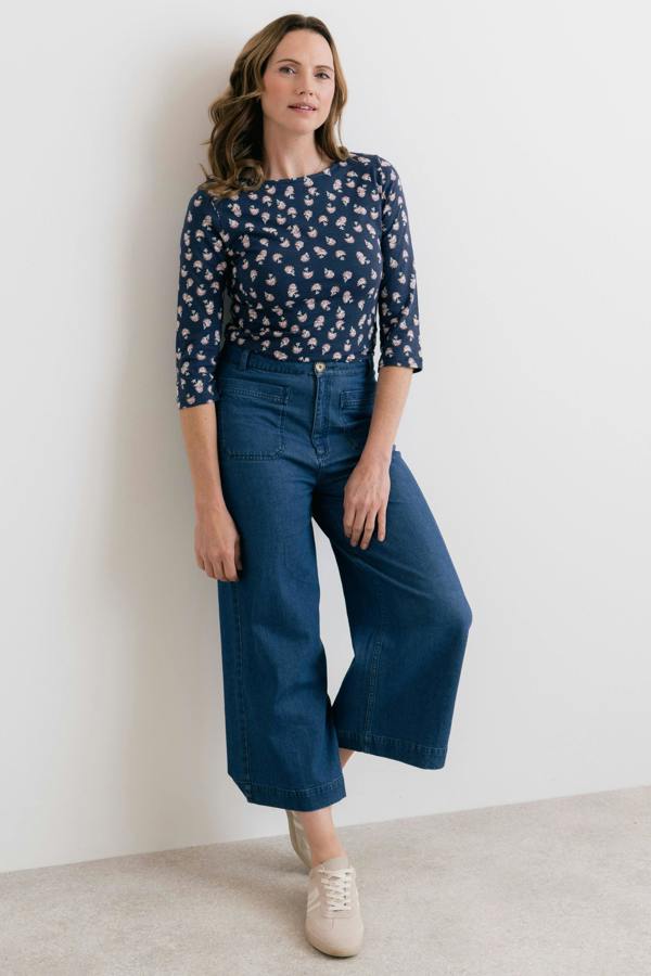 Lily & Me Monica Verbena Print Organic Cotton Jersey Top Navy