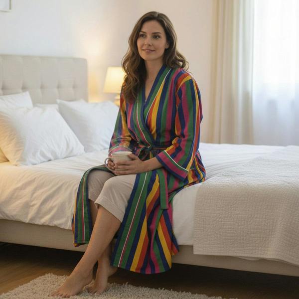 Hayley & Co Rainbow Stripe Print 100% Cotton Dressing Gown