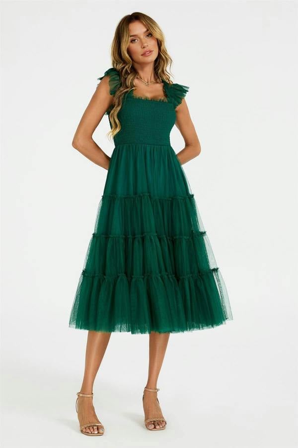 FS Collection Sleeveless Smocked Ruffle Tulle Dress In Forest Green