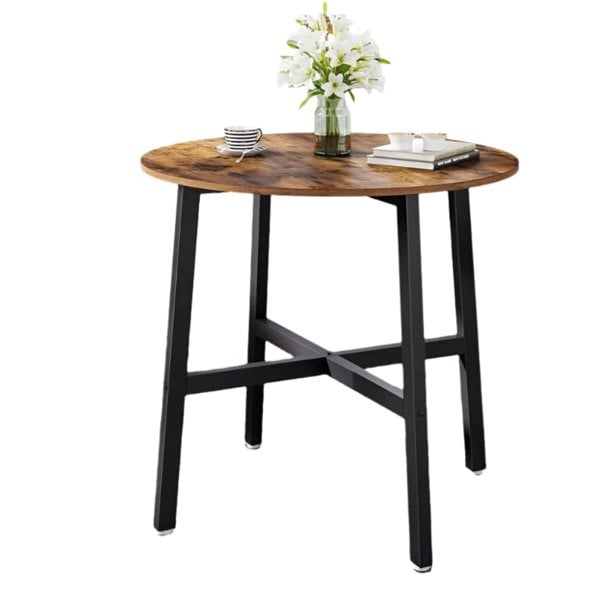 Modcraft Round Dining Table, Rustic Brown Top with Black Steel Frame, Industrial Style for Kitchen or Office