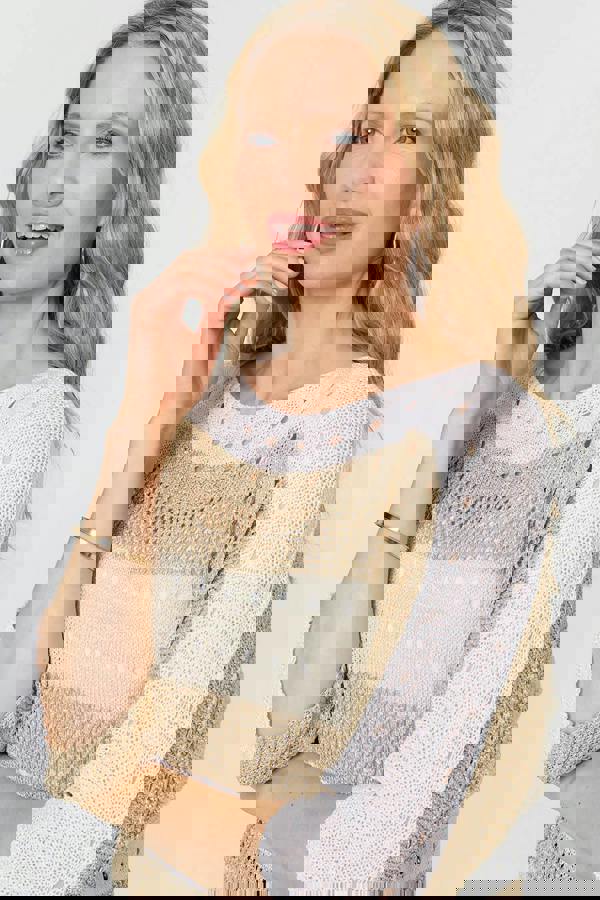 Gold | Semi Sheer Mesh 3/4 Sleeve Knit Top